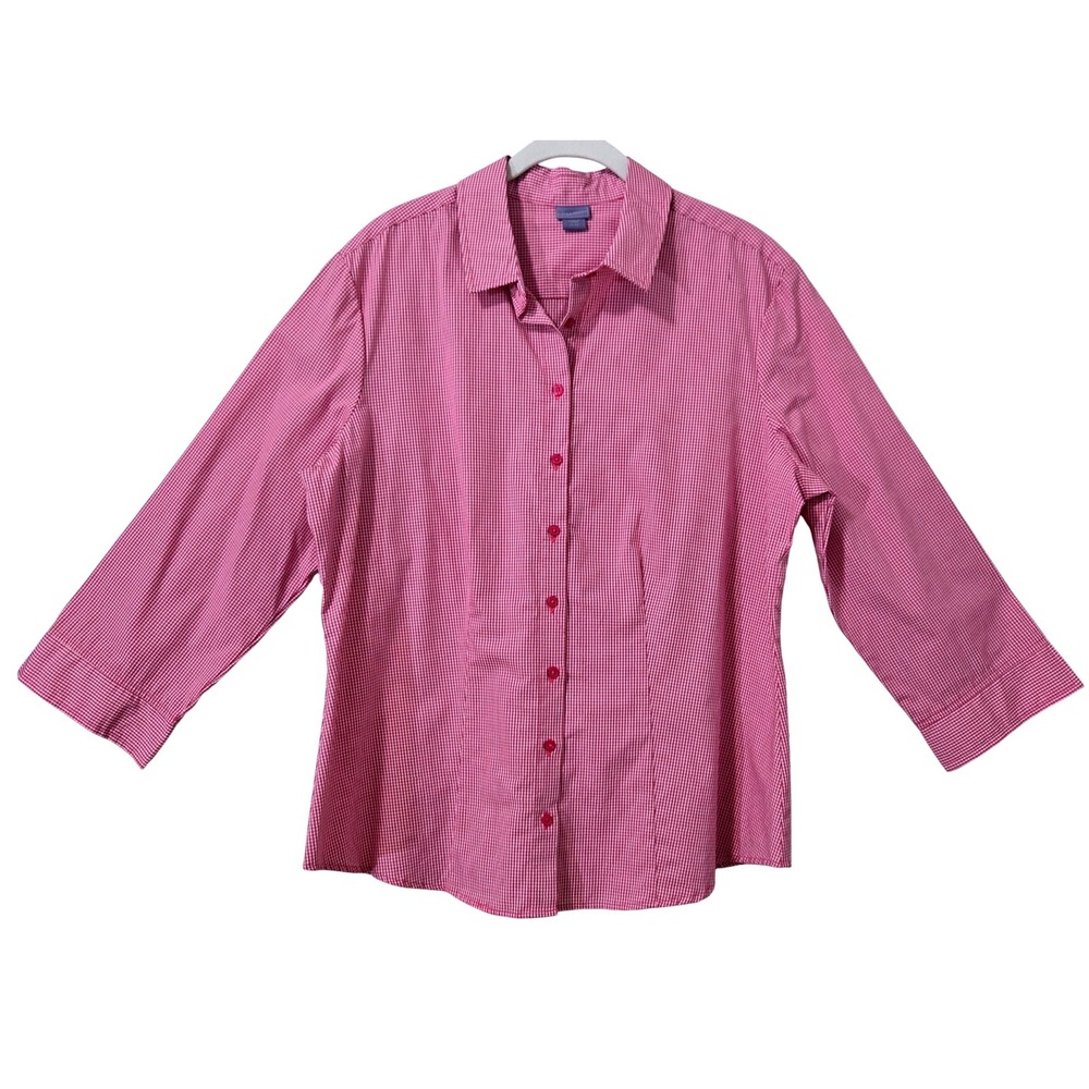 Laura Scott Pink Gingham Button Down Shirt 3/4 Sleeve 100% Cotton Womens XL